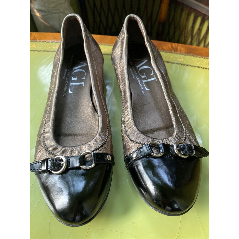 8.5 M Women's AGL Ballet Flats 38.5 Pewter Metal Leather Black Cap Toe